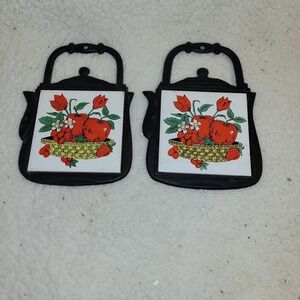 Vintage Cast Iron Tile Trivet Teapot Apple Design Made In Taiwan Set Of 2